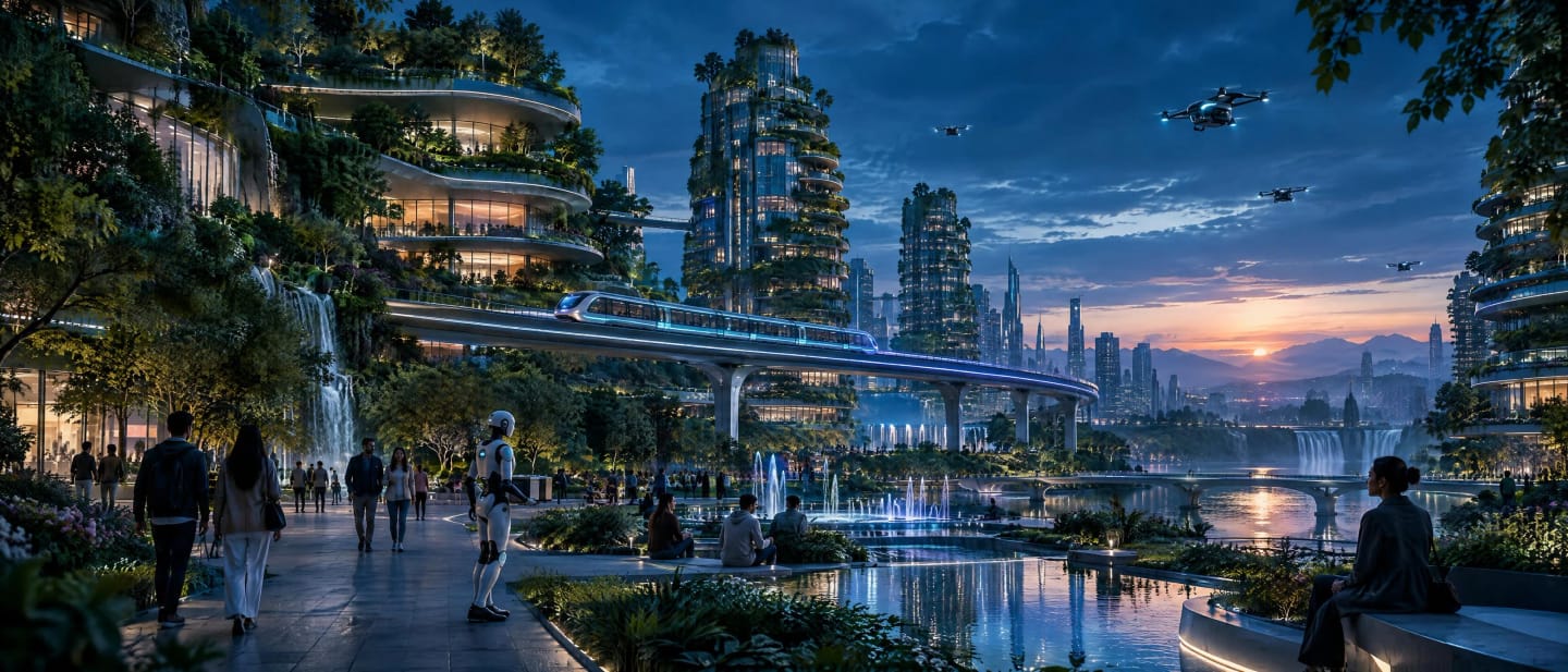 A green, terraced city at dusk, with a light-rail line, small drones overhead, fountains and people strolling through a waterside park.