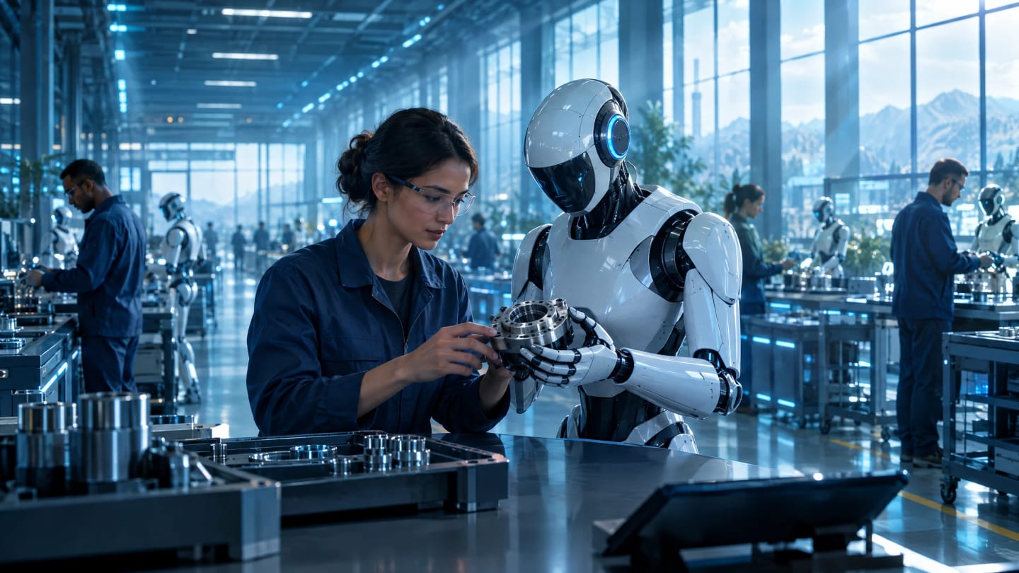An engineer in safety glasses and a white humanoid robot inspect a machined metal part together on a bright factory floor, with more people and robots at work behind them.