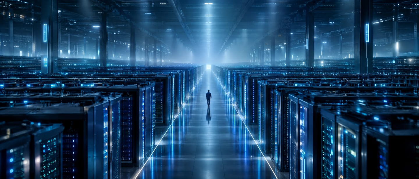 A lone figure walks down the central aisle of a vast data center, rows of server racks glowing blue on either side.