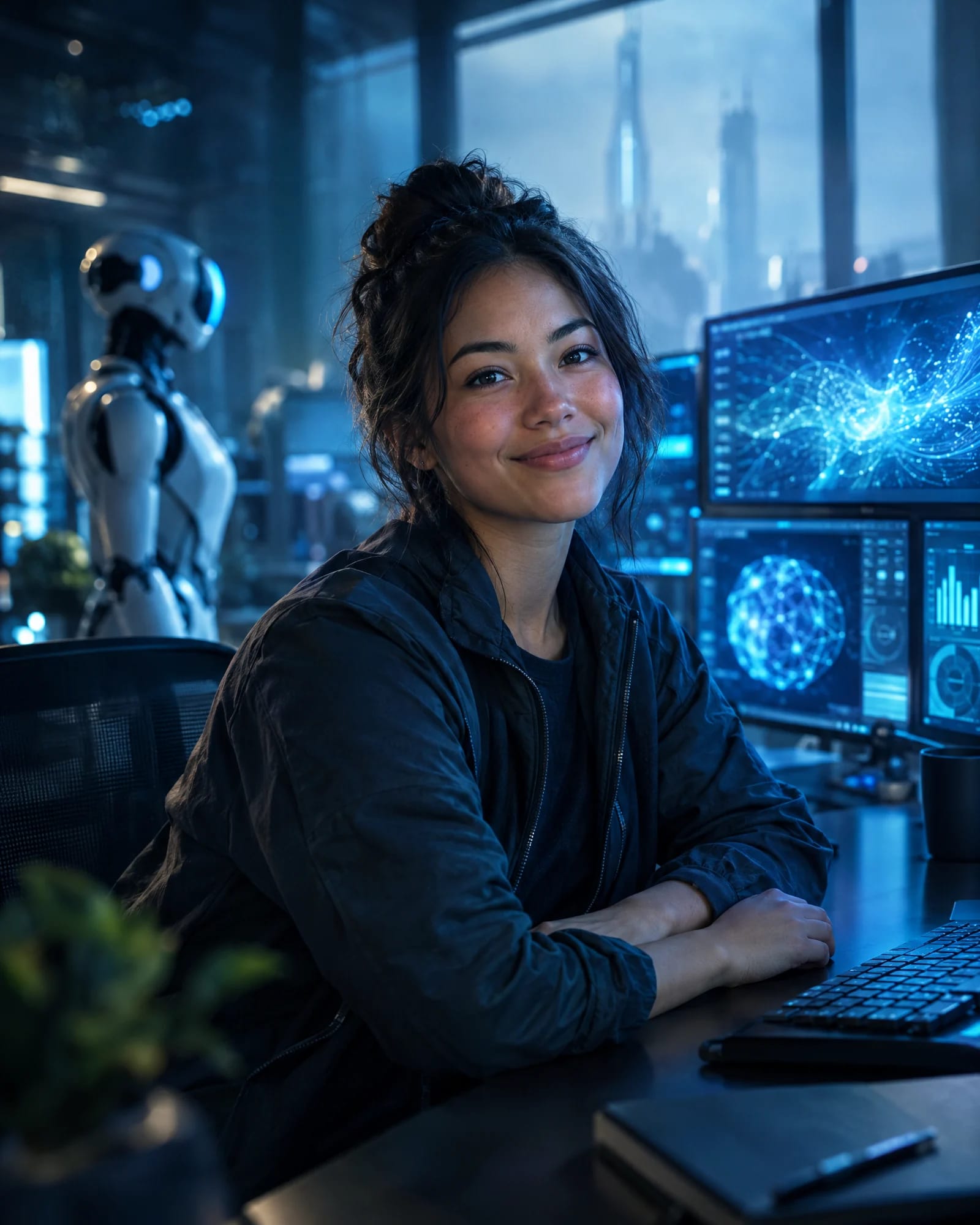 A smiling engineer sits at a desk lit by blue monitors, with a humanoid robot in the background.