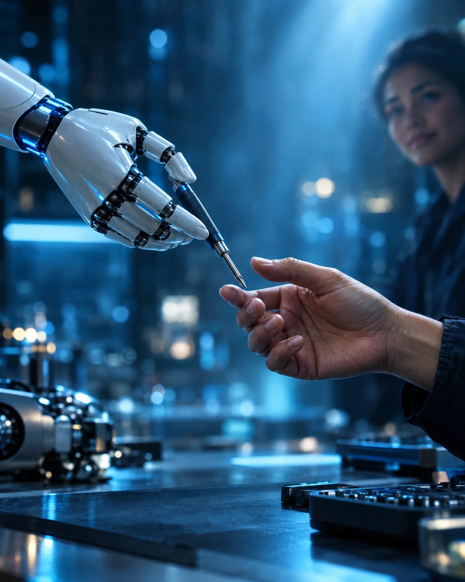 A white robotic hand passes a precision screwdriver to a human hand.