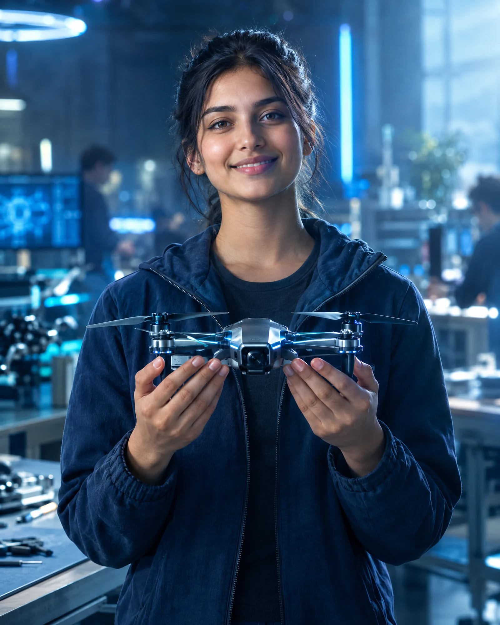 A smiling student holds a small drone in both hands in a lab.