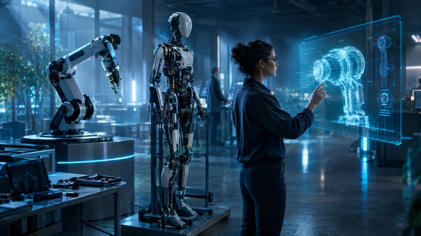 An engineer reaches toward a holographic wireframe of a robotic joint, beside a robotic arm and a partly built humanoid prototype in a dim research lab.