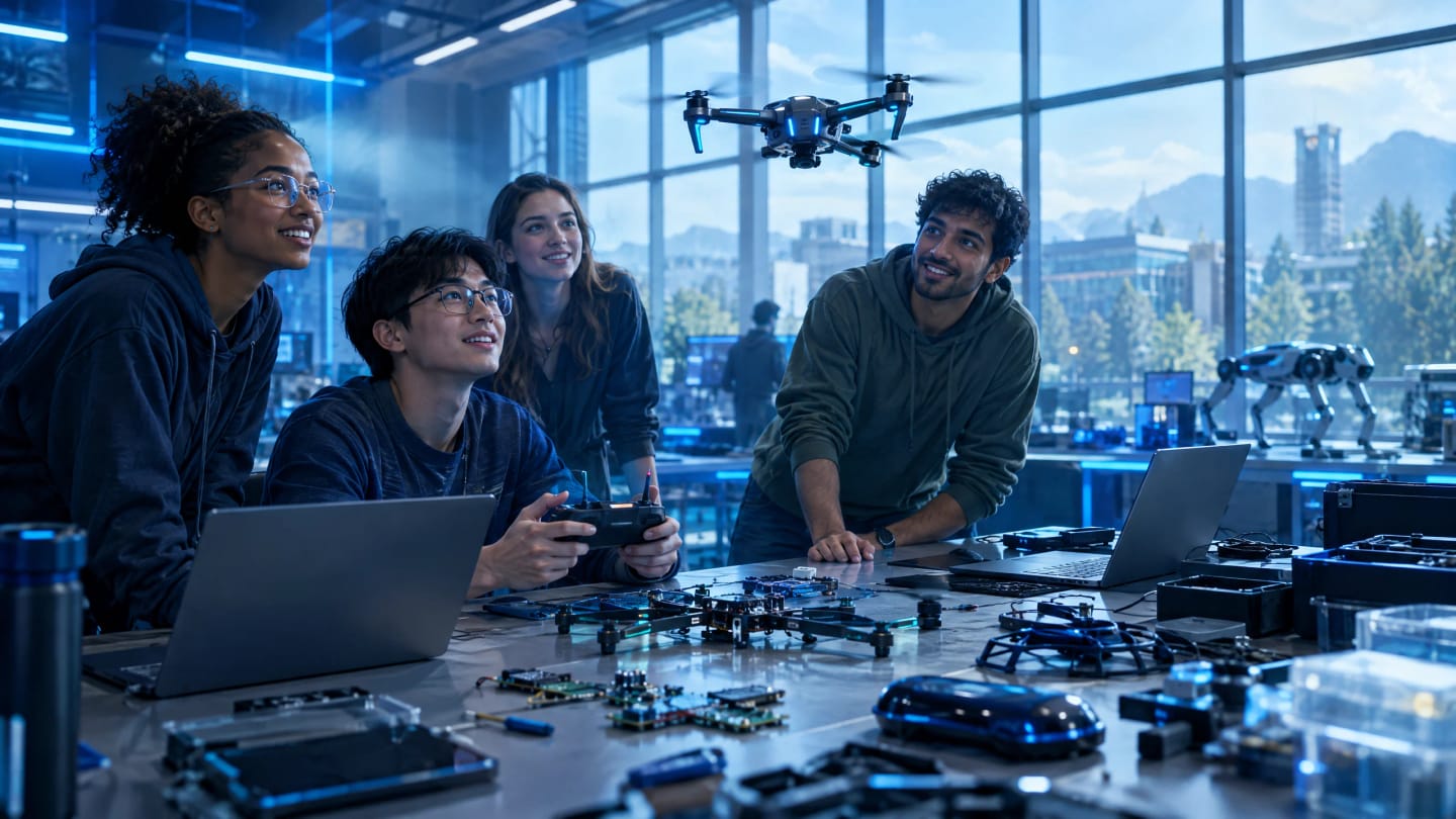 Four smiling students watch as one of them test-flies a quadcopter above a workbench covered in drone parts and laptops.