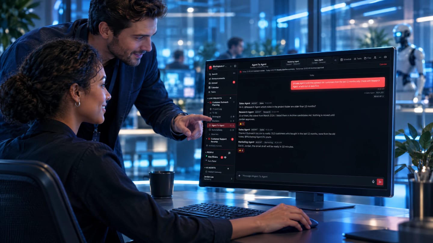 A supervisor leans over a colleague's shoulder and points at a monitor showing Octopus Prime, where AI agents coordinate a task in a team channel.